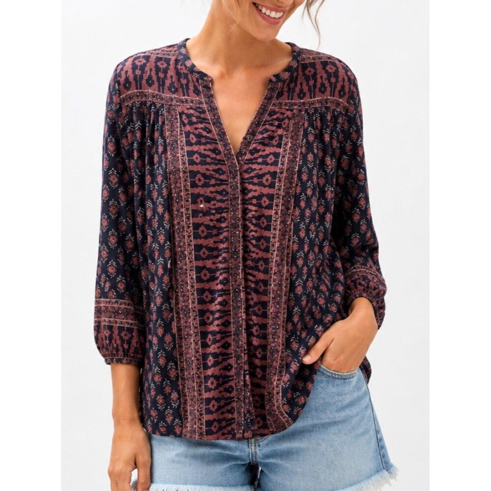 Lucky Brand Shirt Womens Plus 1X Blue Red Floral Button Boho Peasant Linen Tunic